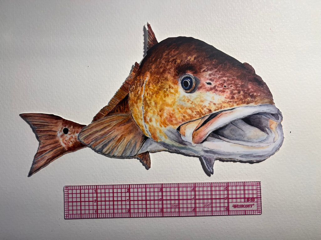 Realistic fishsticker with a ruler for scale on a plain background